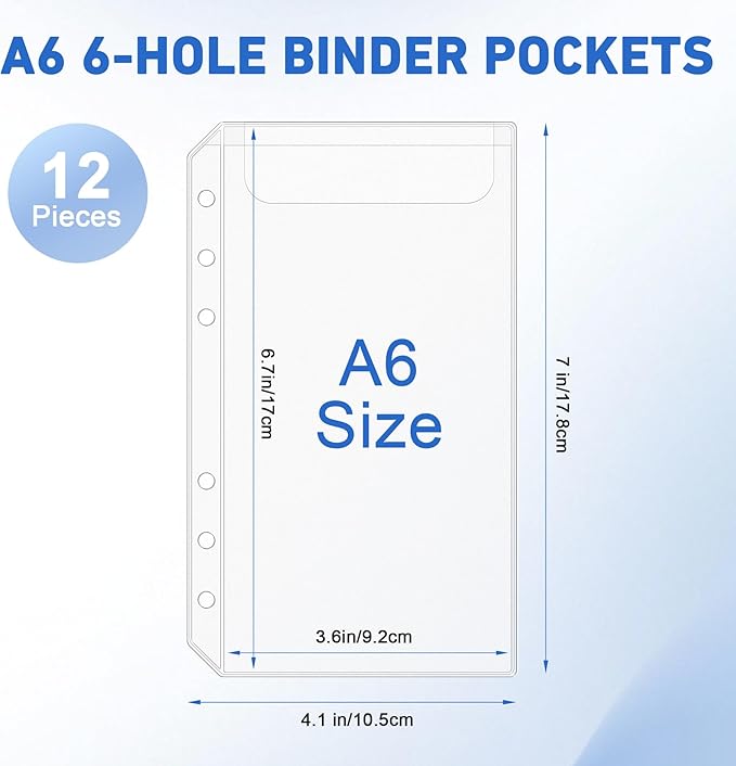 Antner 12PCS A6 Binder Pockets 6-Hole No Zipper Budget Cash Envelopes for Money Organizer, Zipless A6 Planner Inserts Cash Stuffing Envelopes Binder Pouches Folders Loose Leaf Filling Document Bags