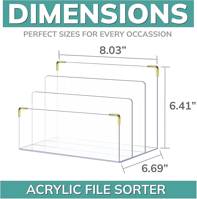 pbf Acrylic File Holder | Clear File Organizer for Desk w/Gold Accents | Acrylic Desk Organizer, Folder Holder, Mail Sorter, File Stand, Magazine Divider, Laptop, Notebook, & Letter Organizer