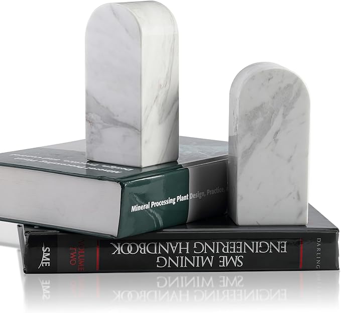 Koville Luxury Greek Marble Bookends for Shelves, Decorative Book Ends, 7lbs Heavy-Duty Marble Book Holders, Bookshelf Apartment Decor for Normal Books/CD/Video Games(Volakas)