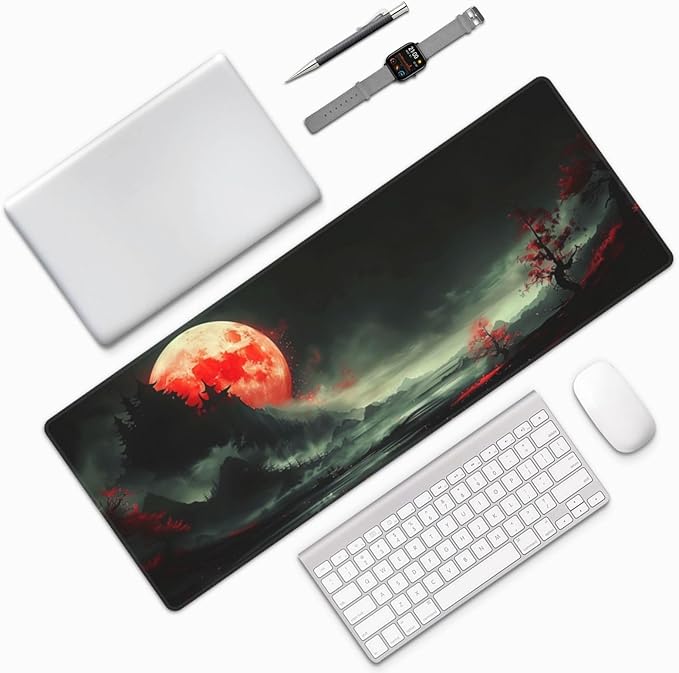 Extended Gaming Mouse Pad, Large Desk Mat XL Anime Mouse Pad Waterproof with Stitched Edges, Non-Slip Desktop Pad for Home and Office, Level Up Your 31.5x11.8 Inch (Red Moon)