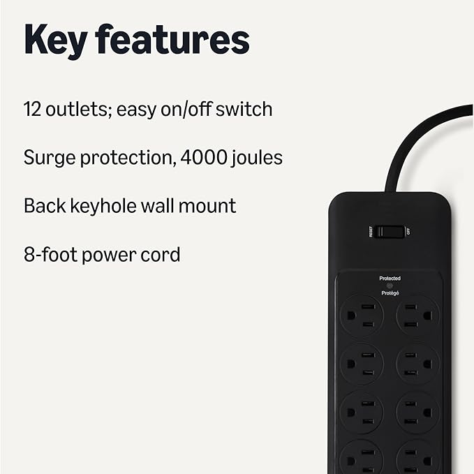 Amazon Basics Surge Protector Power Strip, 12-Outlet, 4000 Joules, 8ft Extension Cord, Rectangle, for Home, Office, Gaming Room, Black