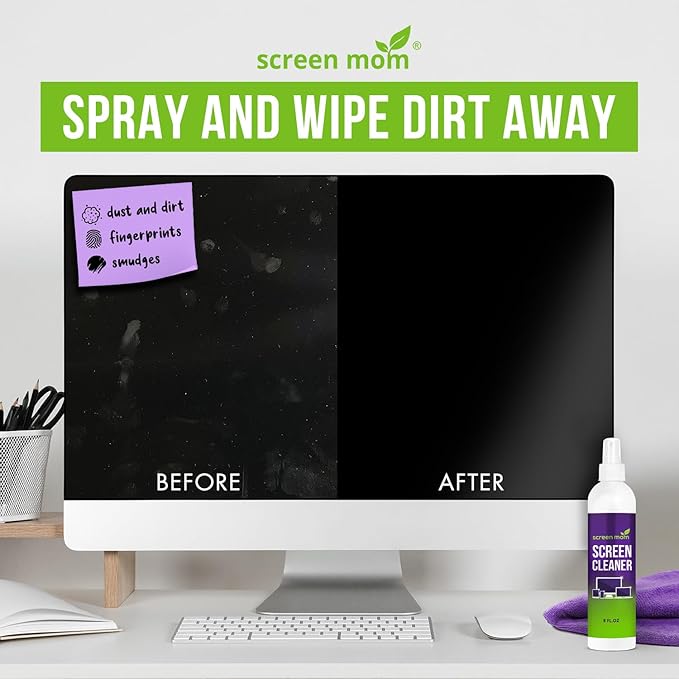 Screen Mom Cleaner Spray and Microfiber Cloth 8oz, Streak-Free Car Screen Cleaner Spray and Wipe for TV, Computer, Car, Phone, iPad, MacBook Laptop Cleaning Kit Electronic Devices Phone Cleaners