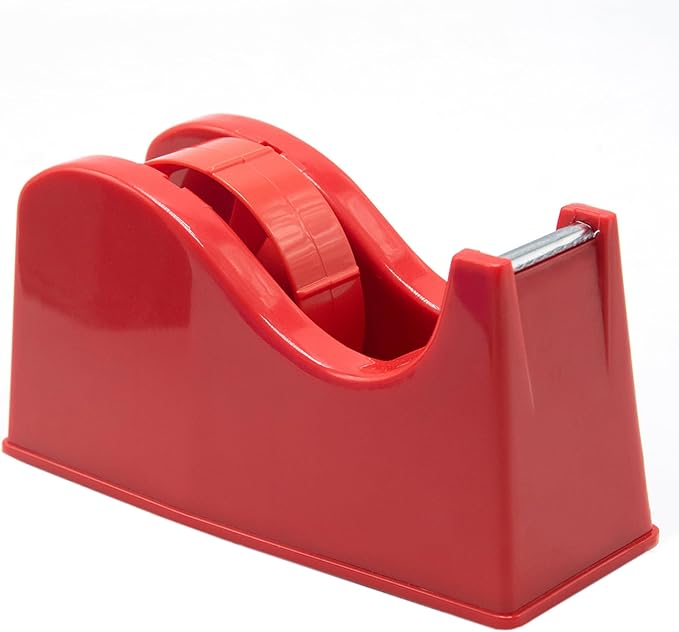 Desktop Tape Dispenser Adhesive Roll Holder (Fits 1" & 3" Core) with Weighted Nonskid Base Red