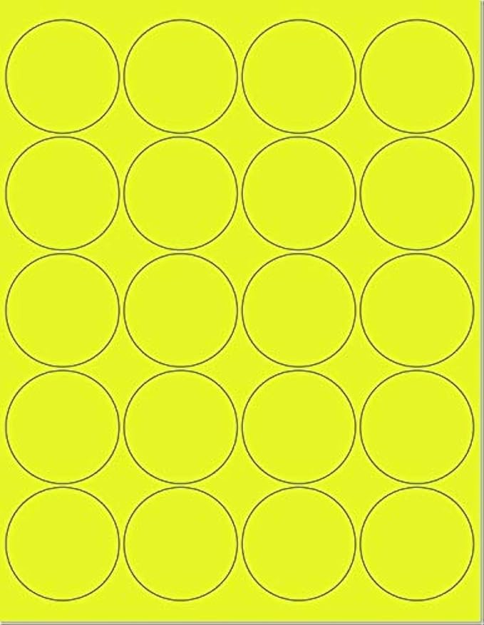 Pack of 50 Sheets, 8-1/2 x 11" Fluorescent Labels for Laser & Inkjet Printer Yellow Fluorescent, (2" Round - 20 Per Sheet, 1000 Label)