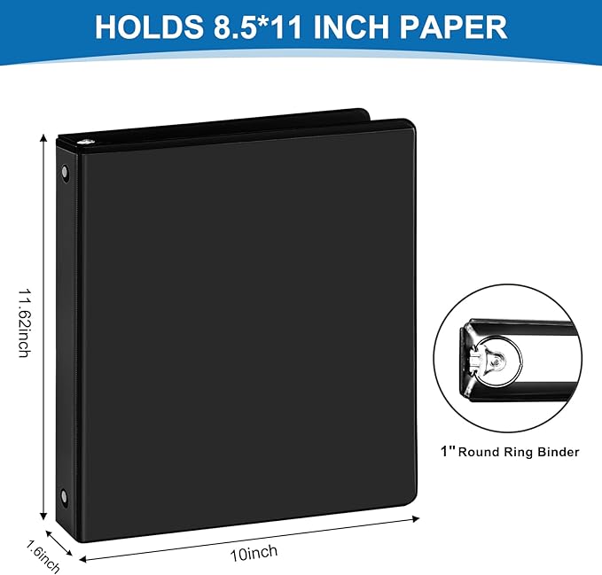 1-inch 3-Ring Binder, 1" Round Ring Binder with 2 Inside Pockets, 8 Pack Black Binders, Clear View Cover, Holds 8.5'' x 11''Paper for Office/Home/Back to School