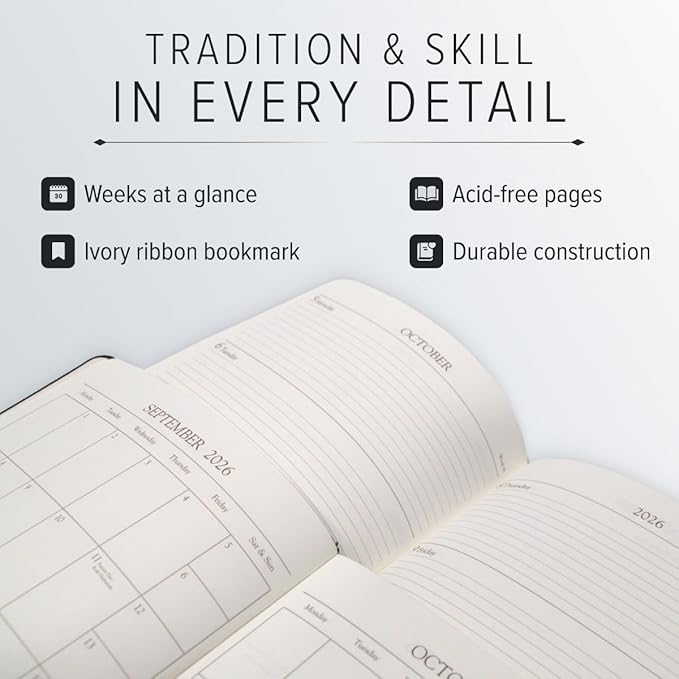 Gallery Leather Desk Weekly Monthly Planner 2025-2026, Elegantly Bound Calendar Planner and Notebook with Stylish Gold-Gilded Page Edges, 12 Months - Acadia Lime - 8 x 5.5 "