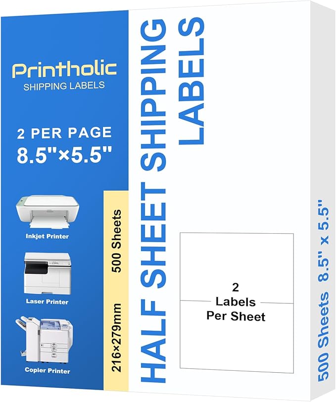 1000 Half Sheet Self Adhesive Shipping Labels for Laser & Inkjet Printers - 500 Sheets, 2 per Page Shipping Labels, 8.5" x 5.5" Half Sheet Labels