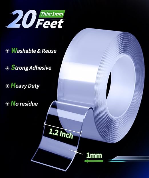 Double Sided Tape Strong Adhesive, Super Stick Large Tape Heavy Duty Mounting (20Ft x 1.2In), No Damage Wall Adhesive Clear Removable, Nano Decor Poster Tape