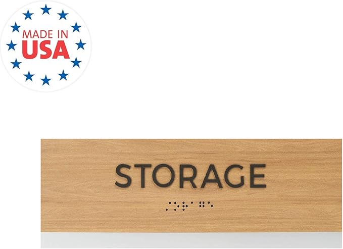 Storage Sign With Braille/Small Business Easy Adhesive Mount Door And Wall Sign / 3" x 9" Oak Woodgrain Design