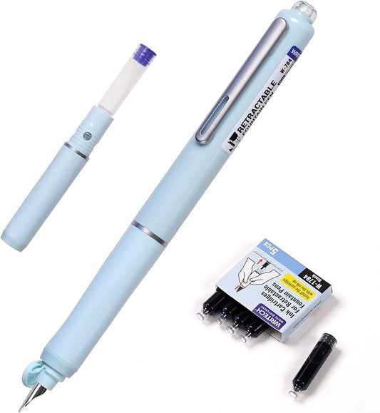WRITECH Fountain Pen Fine Nib: Black Ink Retractable Pen Set Includes 5 Ink Cartridges Smooth Writing No leaking for Gift (Blue)