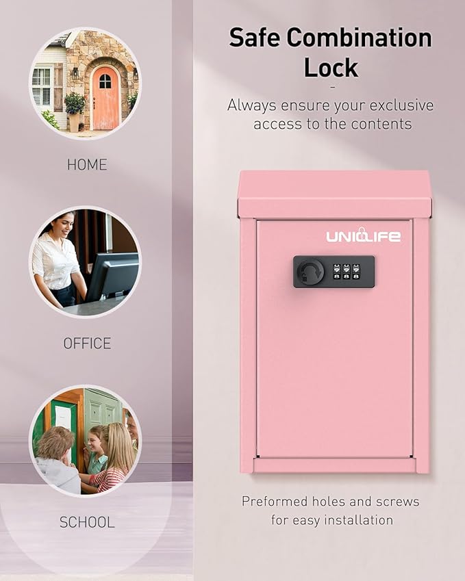 Uniclife Pink Metal Wall Mounted Mailbox with Top Slot, Key Drop Box with Combination Lock for Outside, Donation Box Collection Boxes, Safe Suggestion Boxes, Steel Cash Drop Chest