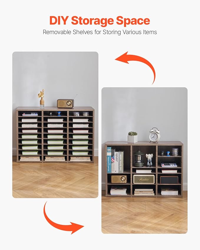 VEVOR Literature Organizer, 27 Compartments Office Mailbox with Removable Shelves, Wood Mailbox Sorter Particle Board Office Home Classroom Storage, File Sorter for File, Document, Paper, Black-Grey