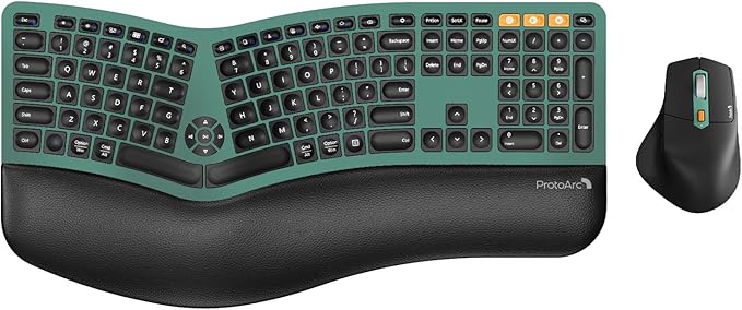 ProtoArc Ergonomic Wireless Keyboard Mouse, EKM01 Plus Full Size Ergo Bluetooth Keyboard Mouse Combo, Split Design, Wrist Rest, Multi-Device, Rechargeable, for Windows/Mac OS - Green