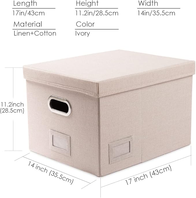 PRANDOM File Organizer Box - Set of 4 Collapsible Decorative Linen Filing Storage Hanging File Folders with Lids Office Cabinet Letter/Legal Size Light Grey (17x14x11.2 inch)