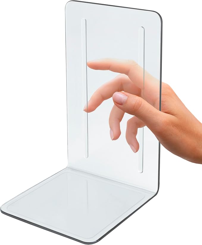 Acrimet Bookends 1 Pair, Clear Plastic Bookends for Shelves or Desktop, Book Holder for Home, Office, Library, School (Clear Crystal Color)