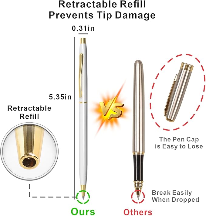 Cambond Ballpoint Pens White Pens - Black Ink Bulk Pens 1.0 mm Medium Point Retractable Metal Pen Comfortable Writing for Men Women Police Uniform Office Business, 10 Pack (White)