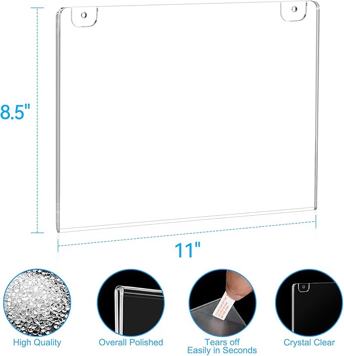 EHWINE 4 Pack 8.5x11 Wall Mount Acrylic Sign Holder Horizontal, Acrylic Wall Sign Photo Menu Flyer Display Holder, Plastic Clear Picture Adhesive Frames for Office Party (Provide Mounting Screws)