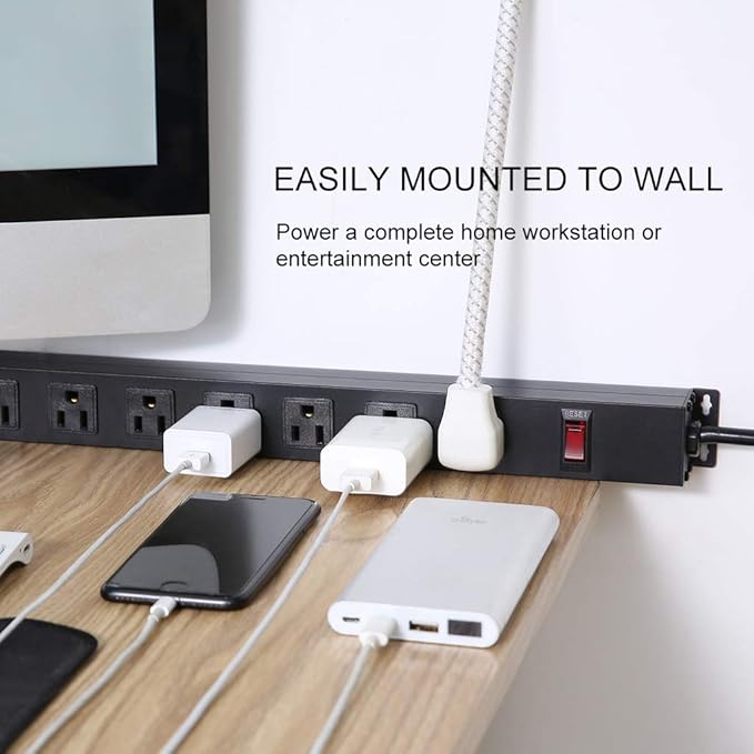 10 Outlet Power Strip 6FT Long Extension Cord Heavy Duty Power Strip Wall Mount Outlet Metal for Kitchen,Office,School,Garage,Workshop,Industrial,125V/15A/1825W,Black(6FT)