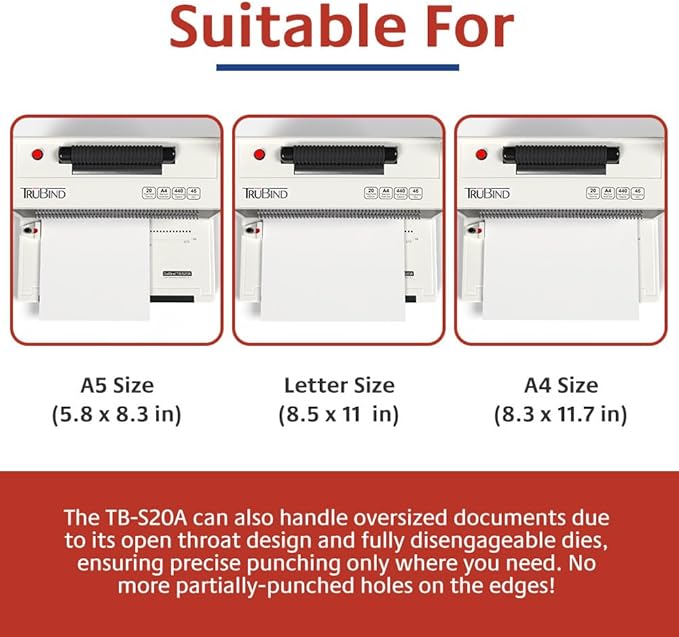 TruBind Coil Binding Machine with Electric Coil Inserter and Adjustable Side Margin | 20 Sheet Punch Capacity | Bind up to 440 Sheets | 46 Fully Disengageable Dies | 4:1 Pitch | 2-Year Warranty