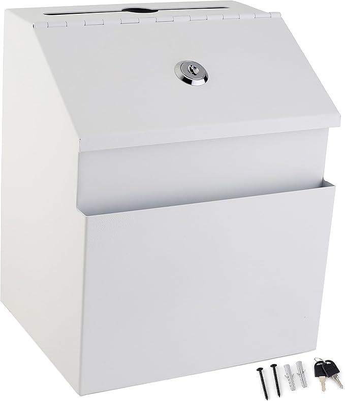 Suggestion Box with Lock and keys, Metal Wall Mounted Ballot Box, Iron steel Donation and Collection Drop Box 8.5" H x 6" W x 7" L with wide 5.5" Slot and front sheet holder (White)