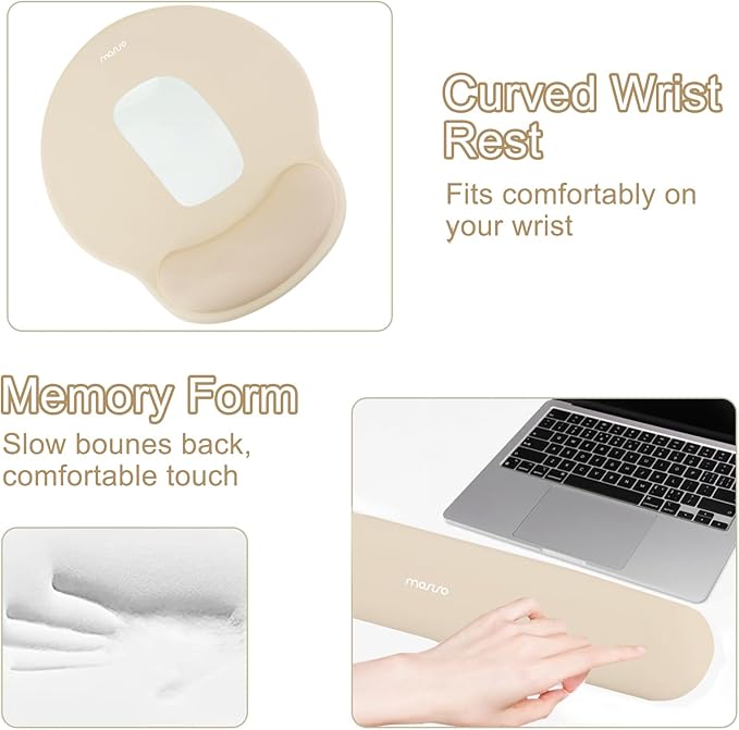 MOSISO Wrist Rest for Keyboard Mouse Pad Set, Large Gaming Deskpad&Circle Curved Mousepad&Keyboard Wrist Rest&Coaster, Ergonomic Non-Slip Mousepad&Easy Typing Pad with Curved Memory Foam, Apricot