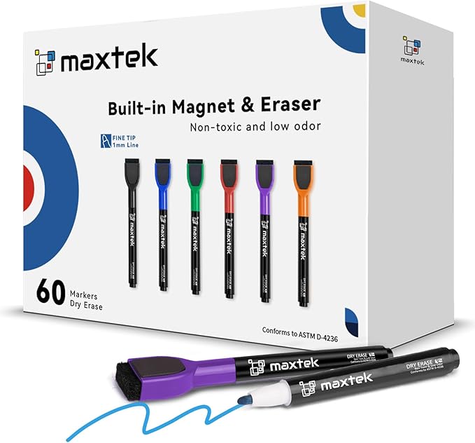 maxtek 60 Count Magnetic Dry Erase Markers, Fine Tip, 6 Colors, Low Odor Whiteboard Markers with Built-in Eraser