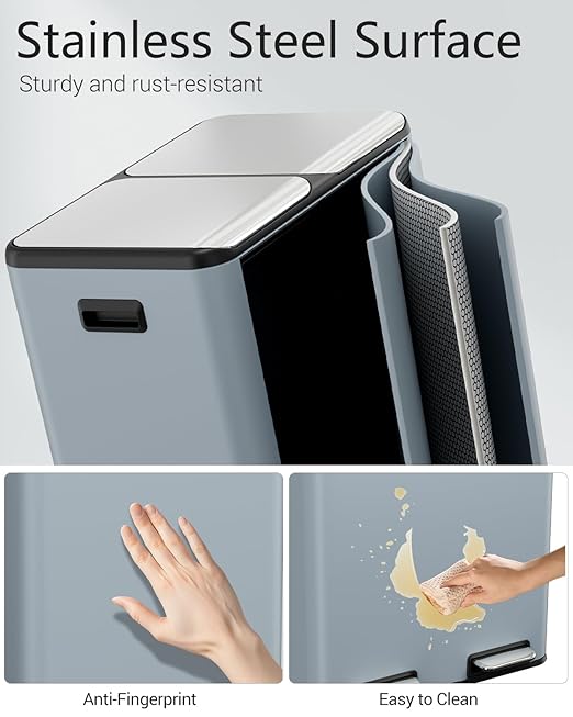 TLSUNNY Kitchen Dual Trash Can, 60L Hands-Free Stainless Steel Garbage Can, Classified Rubbish Bin with Double Compartments, Soft-Close Lid, Inner Bucket, Odor Control (60L) (Haze Blue)