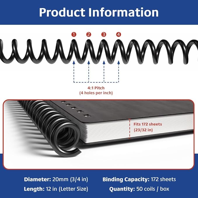 TruBind 20mm (3/4 in.) Spiral Binding Coils for Reports, Presentations and Proposals | 4:1 Pitch | 12 in. Length | Black | 172 Sheets Binding Capacity | 50 Pack