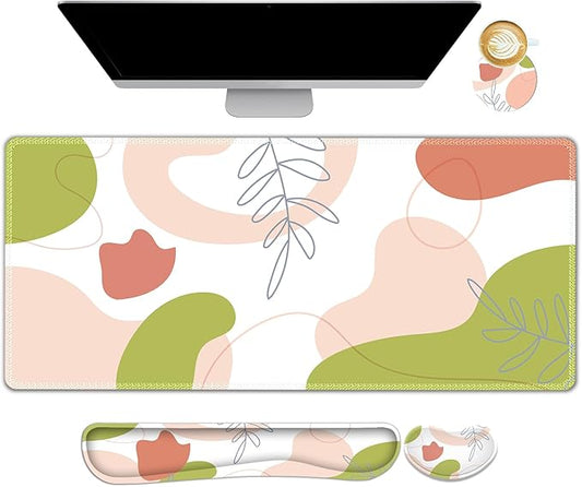 AIMSA Keyboard & Mouse Pad Set, Extended Desk Mat + Ergonomic Mouse & Keyboard Wrist Rest Support, 35x15.7in Abstract Green Pink Art