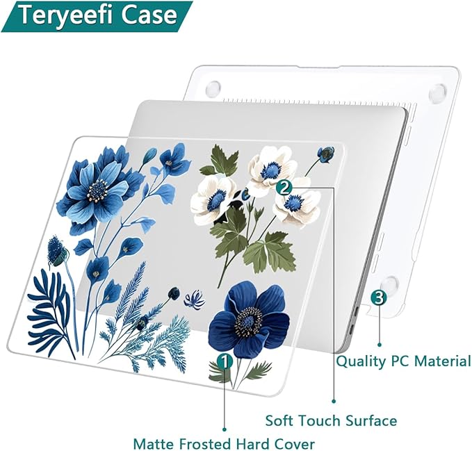 Teryeefi Compatible with M2 M1 MacBook Pro 13 Inch Case A2338 A2289 A2251 A2159 A1989 A1706 A1708 (2024 20203 2022-2016), Hard Shell Case & Keyboard Cover for Mac Pro 13" - Blue Plant Flower