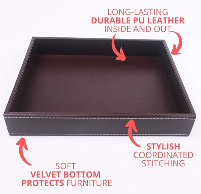 Valet Tray, Desk Tray, Nightstand Organizer for Men, Brown PU Leather, 10.3 x 8.3 x 1.6 inches