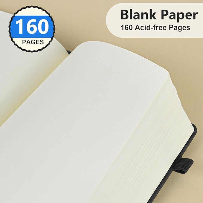 PERCUN Blank Journal Ntebook for Men & Women, 160 Pages Blank Journals for Writing, Drawing,Sketch Book,5.9" x 8.5" Leather Sketchbook, Unlined Notebook for Work, School, Art - Black