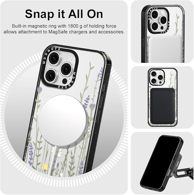 MOSNOVO Magnetic Case for iPhone 16 Pro Max, 10ft Military-Grade Protection, Compatible with Magsafe, Shockproof Phone Case for iPhone 16 Pro Max - Wild Meadow - Clear Black