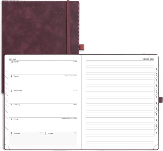 POPRUN Planner 2025-2026 Weekly Notebook (Large 8.5''x 10.5'') Academic Calendar (JUL.25 - JUN.26) Appointment Book with Monthly Tabs, Leather Soft Cover, Inner Pocket, 100 GSM - Claret