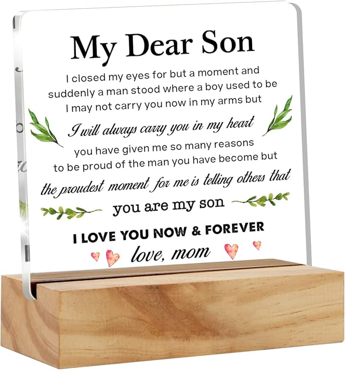 Mom's Gift to My Son: Acrylic Desk Plaque Sign with Wood Stand for Home Office