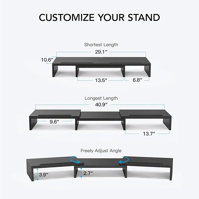 HUANUO Dual Monitor Stand Riser, Adjustable Monitor Stand for Desk with 2 Slot, Desktop Organizer Stand for 2 Monitors, Multi-Purpose Desk Shelf Monitor Stand Riser for Computer, Laptop, PC, Black