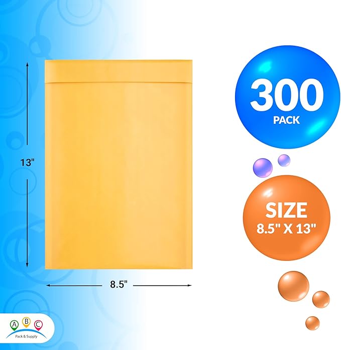 ABC PACK & SUPPLY Yellow Kraft Bubble Mailer Envelopes, 8.5 x 13 Inches. 300 Pack Mail Padded Envelopes Self Seal. Kraft Bubble Mailers. Tear-Resistant Mailing Envelope Padded. Sturdy Paper Mailer