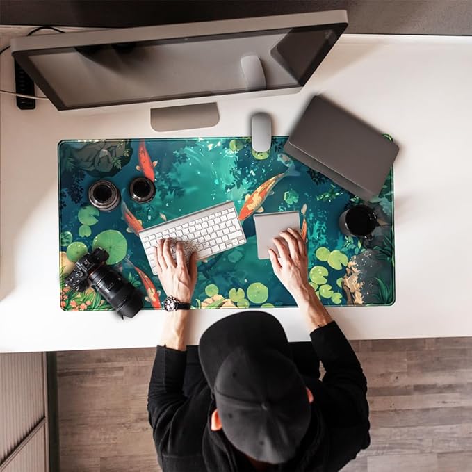 Koi Fish Desk Mat Gaming Koi Pond Desk Pad Large Cute Mouse Pad, Goldfish Mouse Mat XXL Laptop Keyboard Pad, Blue Waters Gamer Mouse Pad Full Mousepads Cool Office Accessories 31.5"x15.7"