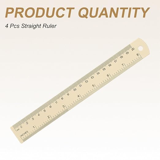 HARFINGTON 4pcs Metal Straight Ruler 20cm Metric SAE Aluminum Alloy Measuring Rulers Scale Tool with Hole for Measure Study Reading Classroom Office, Beige