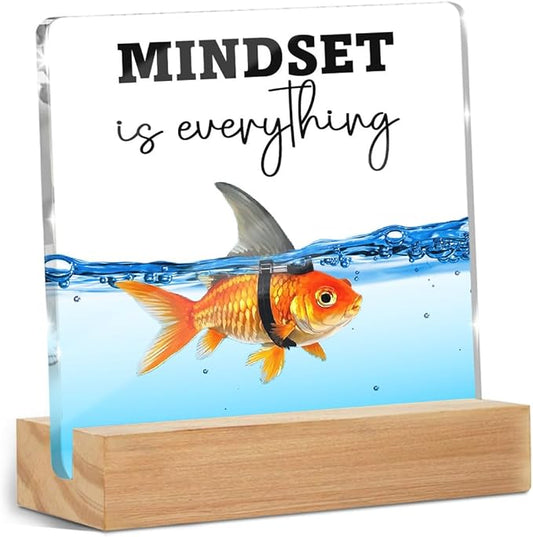 Christmas Thank You Gifts, Mindset is Everything Inspirational Gifts for Women Coworkers Friends, Funny Goldfish Desk Decor Acrylic Sign 4x4 Inch, Positive Affirmations Desk Accessories Signs for Table Top Cubicle Office Decor