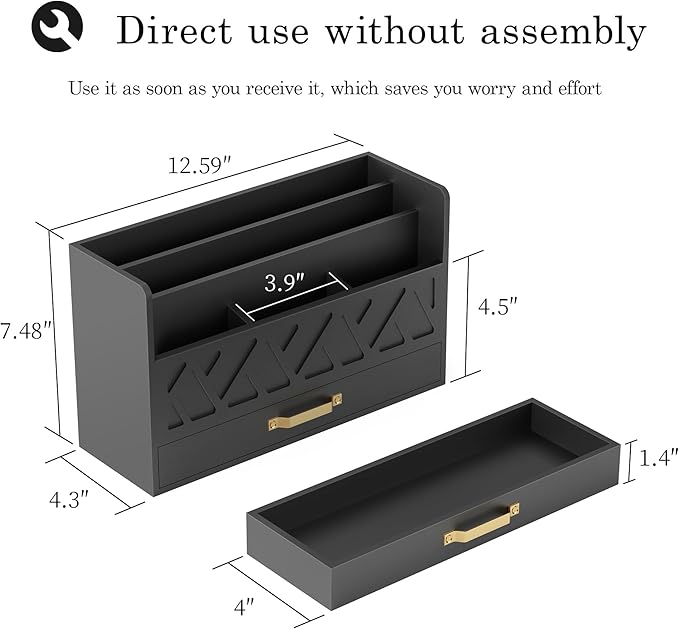 Bamboo Mail Organizer Countertop Wood Desk Organizer Drawer Tabletop Storage Box Letter Sorter Makeup Organizer for School Home Office Supplies Black