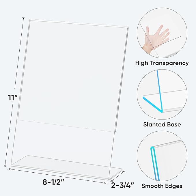 TICONN 8.5 x 11 Acrylic Sign Holder, L Shape Clear Sign Stand for Displaying, Plastic Paper Holder for Office, Store, Restaurant (Vertical 3 Pack)