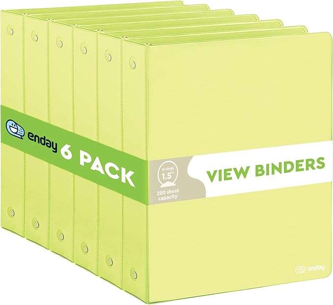 3 Ring Binder Green, 1.5 Inch Clear View Cover with 2 Inside Pockets Binder, Colored School Supplies 1 ½ Inch Round Ring Binders, Also Available in Red, Blue, Purple, Pink, and Grey (6 PC) – by Enday
