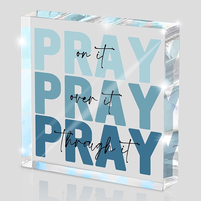Religious Gifts for Women - Pray on it Pray over it Pray through it Acrylic Sign Decorative for Home Office Pastor Farmhouse Living Room Church Table Desk Bookshelf Decoration(blue)