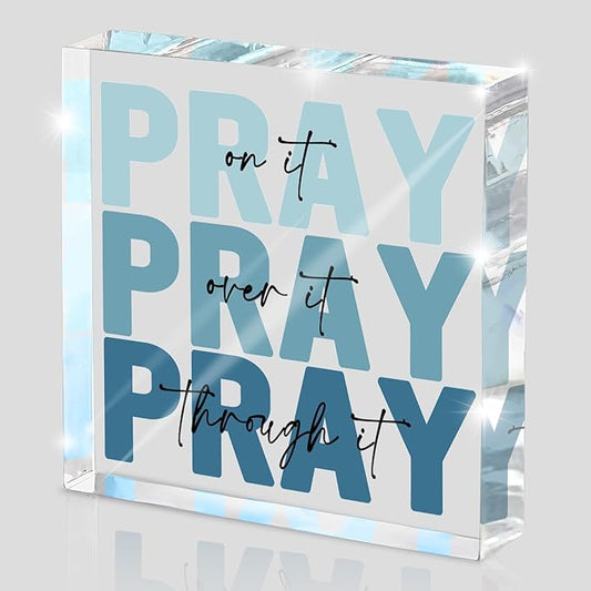 Religious Gifts for Women - Pray on it Pray over it Pray through it Acrylic Sign Decorative for Home Office Pastor Farmhouse Living Room Church Table Desk Bookshelf Decoration(blue)