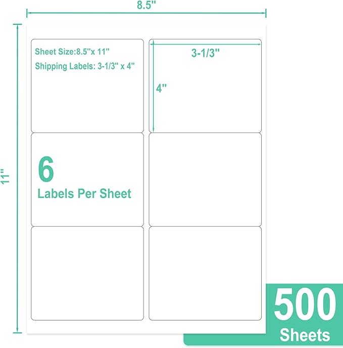 L LIKED Printable Shipping Address Labels, 500 Sheets, 3-1/3" x 4" Sticker Labels for Laser/Inkjet Printing, Matte White - 3000 Labels.