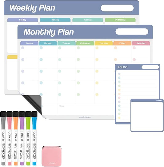 Loukin Dry Erase Calendar 4 Pack(Monthly+Weekly+Checklist+Mini Note), Electrostatic Adsorption Whiteboard Planners, Reusable Schedule for Office, Classroom, Refrigerator, 6Markers & 1Eraser Included
