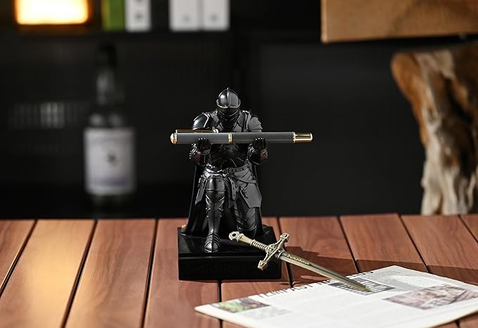 Medieval Armored Warrior Wearing Outerwear, Mobile Phone Stand Knight Pen Holder Desk Organizers, Resin Bookends Paperweight with a Letter Opener for Desk (Black)