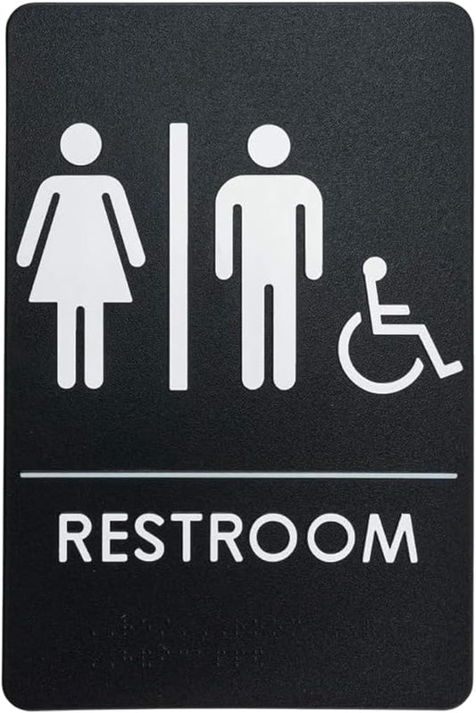 USA Made - Men's and Women's Restroom Signs ADA-Compliant Bathroom Door Signs for Offices, Businesses, and Restaurants, Black, Blue, Grey and Taupe/Tan Colors (Black Handi-Unisex)