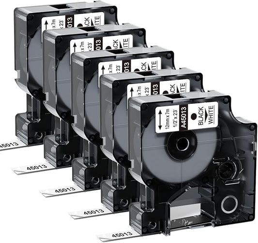 45013 Replace for DYMO D1 Label Tape 1/2 Inch x 23Ft A45013 Black on White 45013s S0720530 Label Maker Refills Compatible with Dymo Labelmanager 160 LM 280 210D 360D 420P, 5-Pack